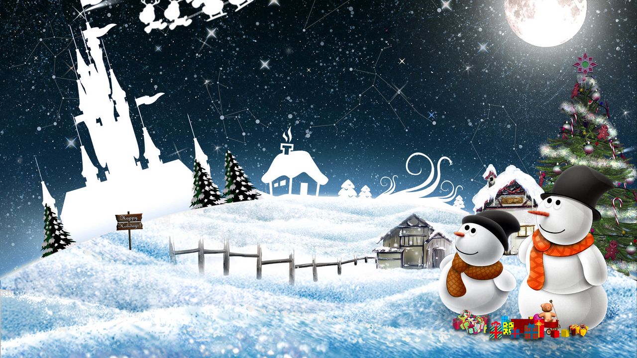 Обои новый год, снеговики, ночь, открытка, праздник, рождество