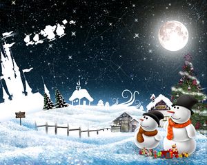 Превью обои новый год, снеговики, ночь, открытка, праздник, рождество