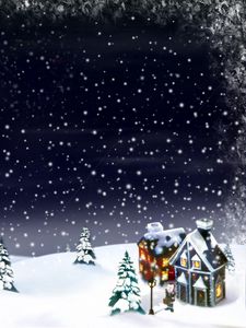 Превью обои новый год, рождество, снег, луна, дом, елки