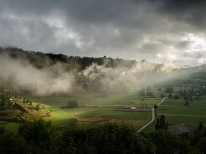 Превью обои облака, холмы, лес, природа, дома