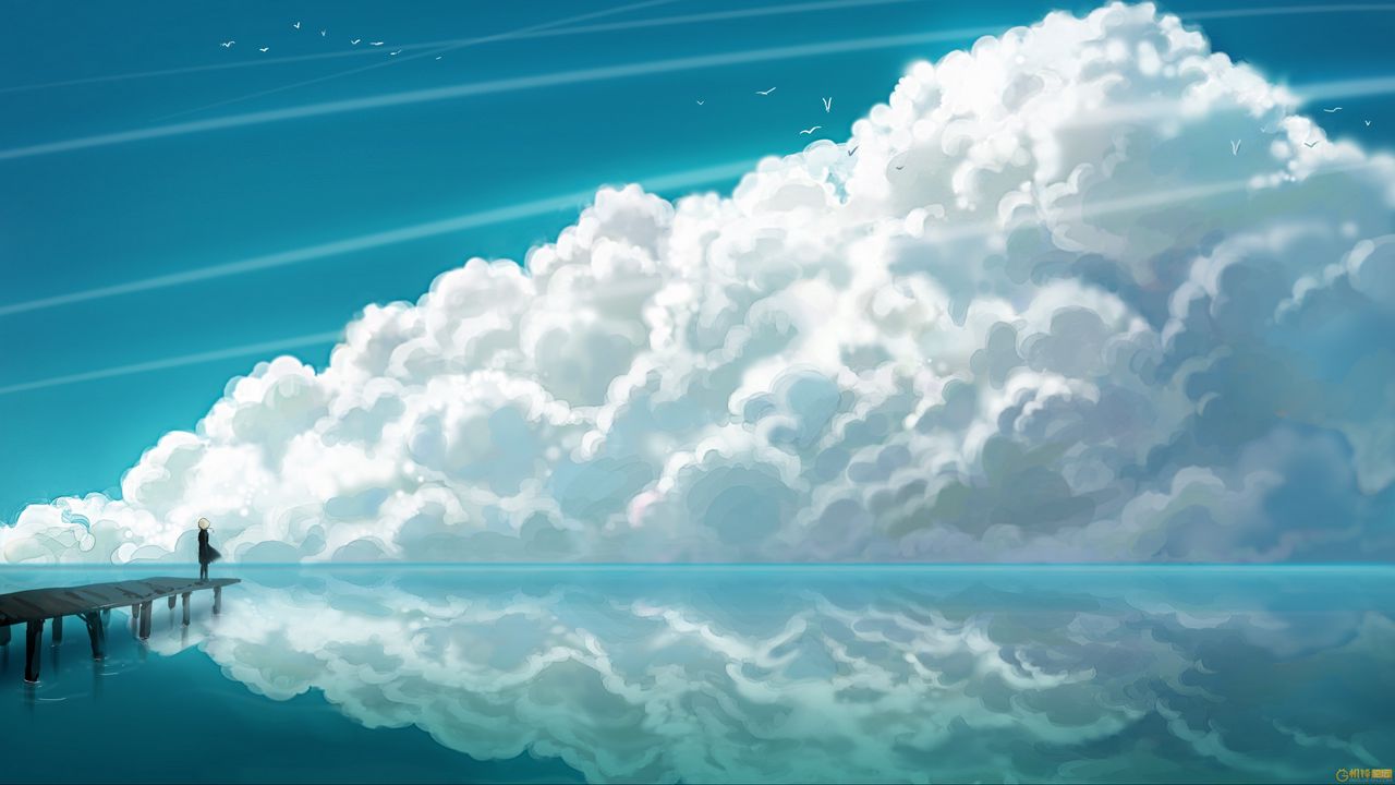 Обои облака, небо, мостик, человек, отражение, море