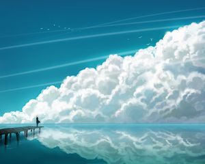 Превью обои облака, небо, мостик, человек, отражение, море