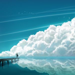 Превью обои облака, небо, мостик, человек, отражение, море