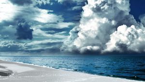 Превью обои облака, объемные, пляж, берег, песок, белый