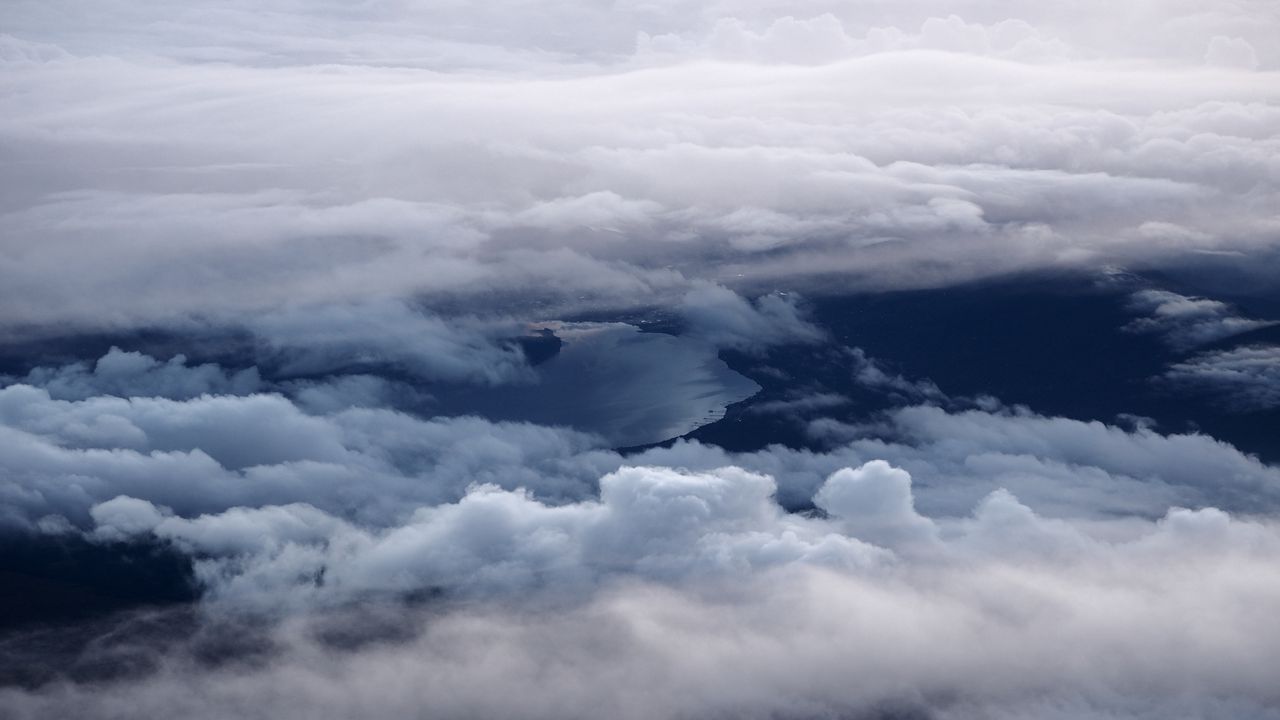 Обои облака, озеро, вид сверху, высота, обзор