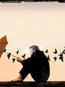 Превью обои одиночество, настроение, зонт, человек, птицы