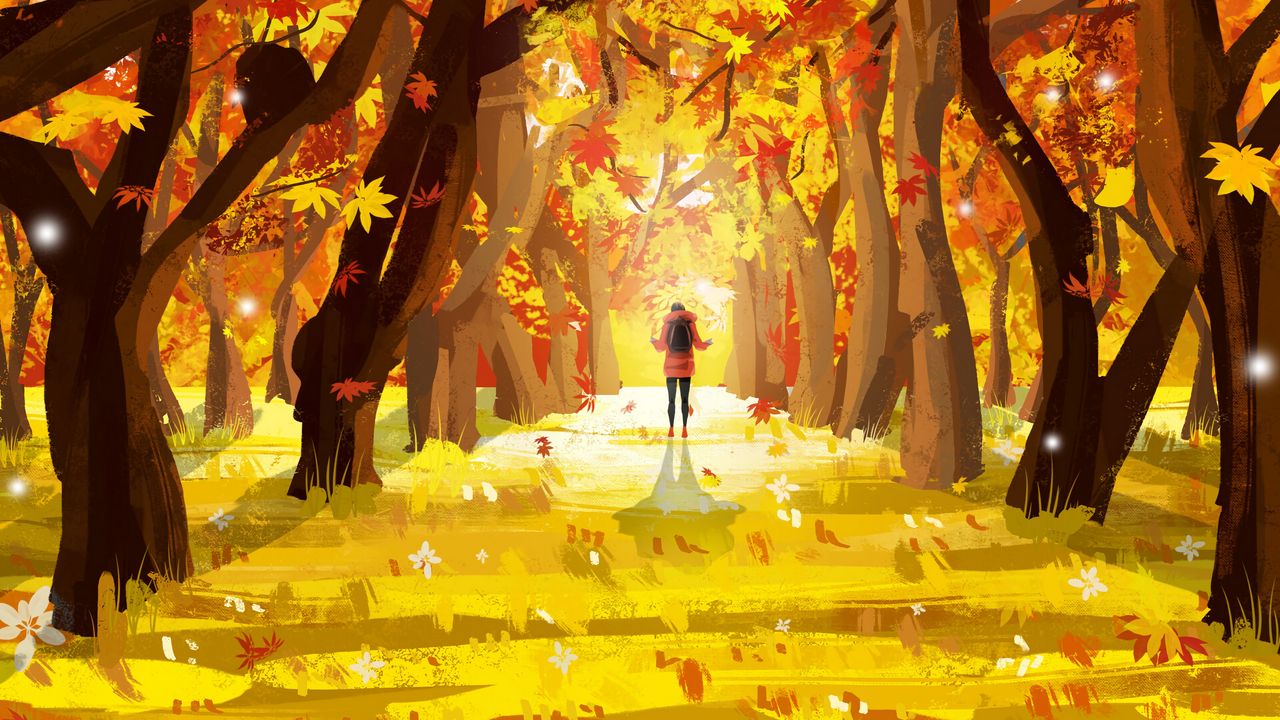 Обои одинокий, осень, листья, арт