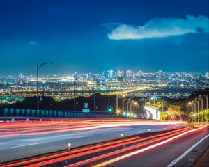 Превью обои огни города, вечер, свет, дорога