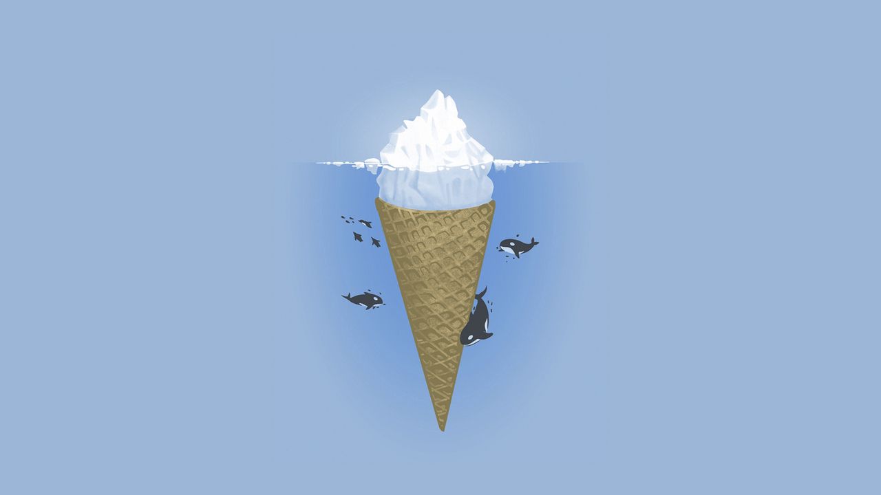 Обои океан, айсберг, минимализм, касатки, мороженое, море