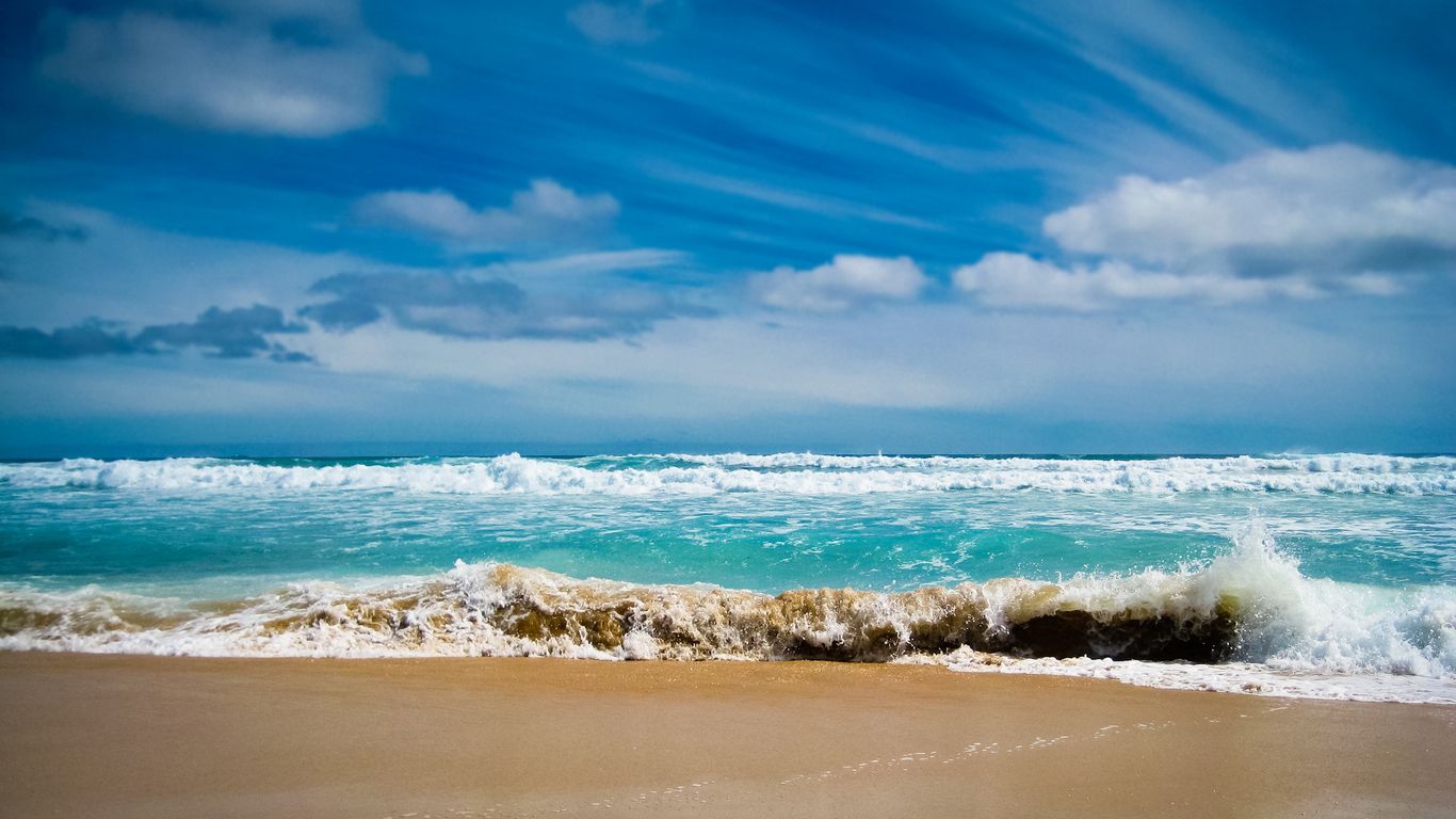 1366x768 океан, море, залив, волны, голубая вода, берег, пляж обои планшет,...
