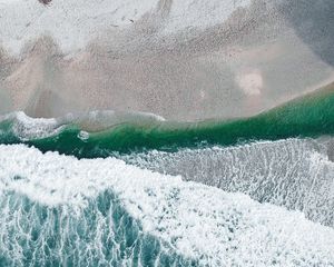 Превью обои океан, пляж, вид сверху, волны, вода