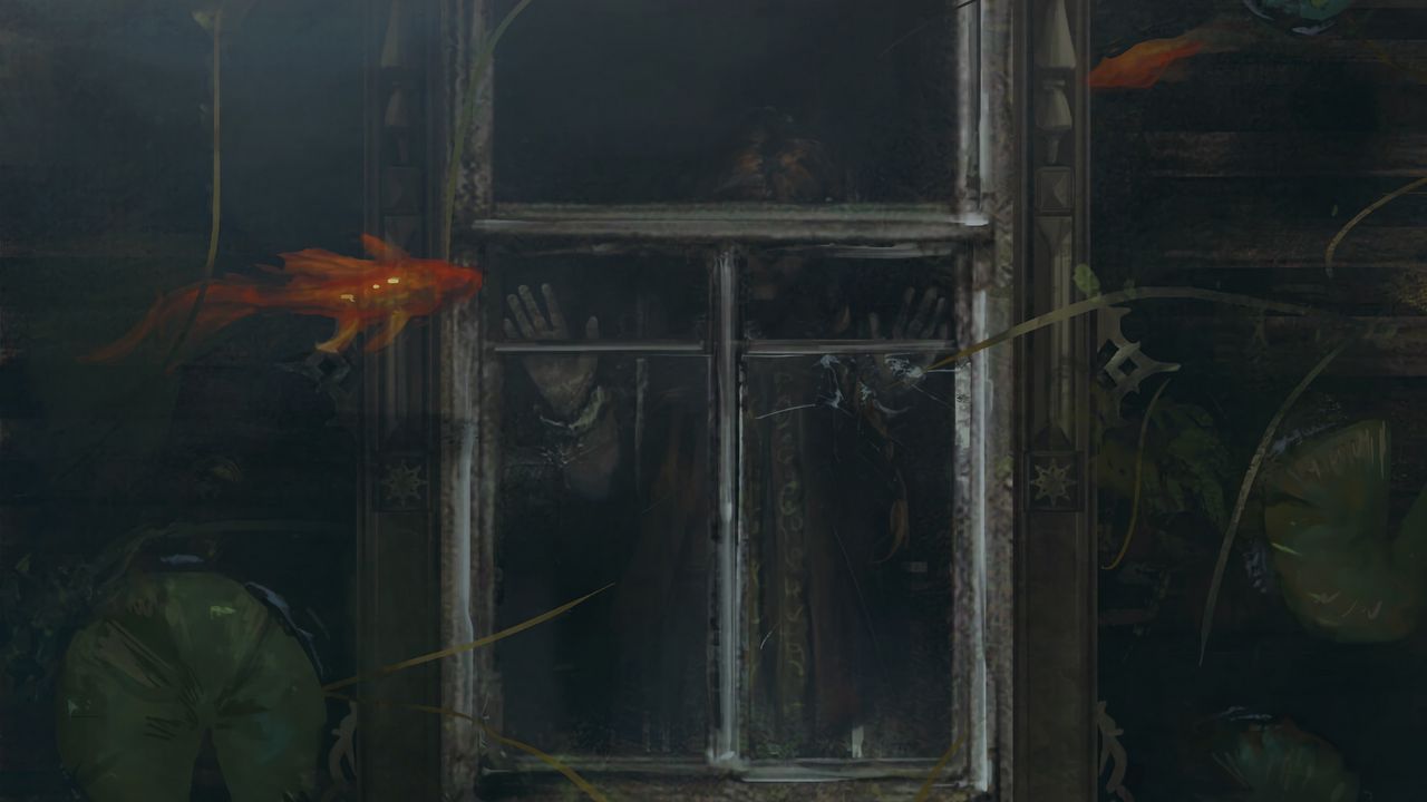 Обои окно, девочка, дом, рыбы, подводный, арт