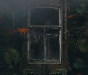 Превью обои окно, девочка, дом, рыбы, подводный, арт