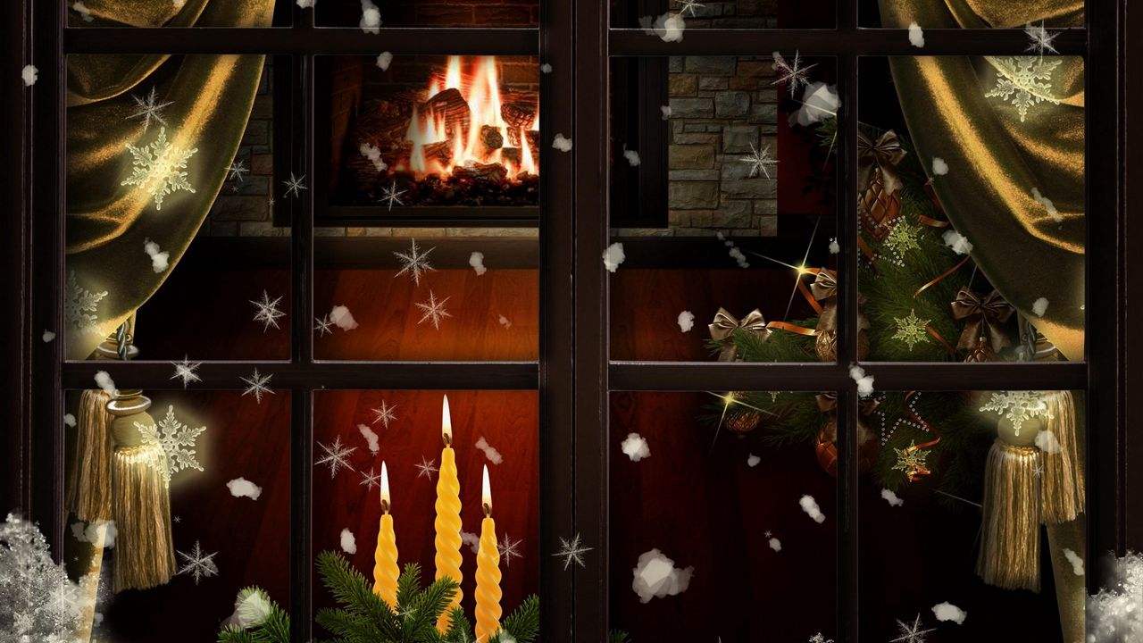 Обои окно, камин, свечи, елка, уют, рождество