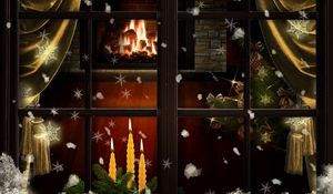 Превью обои окно, камин, свечи, елка, уют, рождество