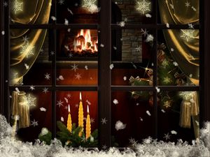Превью обои окно, камин, свечи, елка, уют, рождество