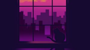 Превью обои окно, кошка, силуэты, здания, фиолетовый, арт