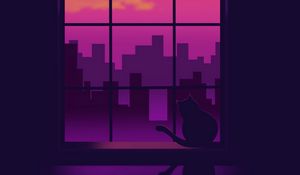 Превью обои окно, кошка, силуэты, здания, фиолетовый, арт
