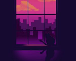 Превью обои окно, кошка, силуэты, здания, фиолетовый, арт