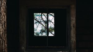 Превью обои окно, ветки, деревянный