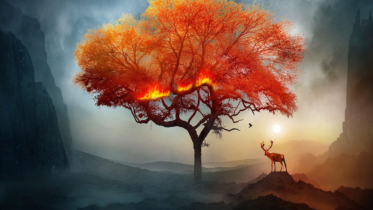 Обои олень, дерево, арт, огонь, фантастический