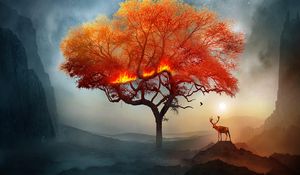 Превью обои олень, дерево, арт, огонь, фантастический