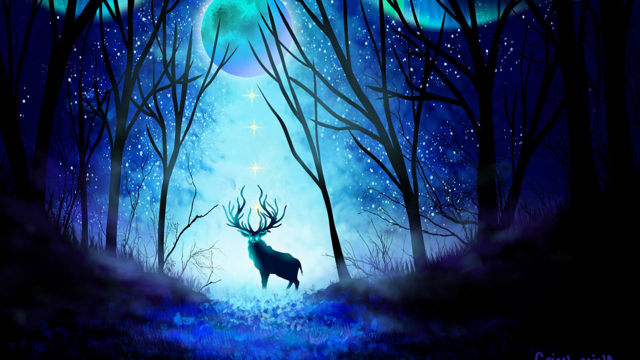 Обои олень, лес, ночь, луна, северное сияние, арт