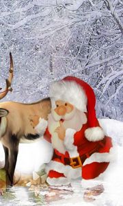 Превью обои олень, санта клаус, труба, крыша, подарки, рождество