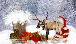 Превью обои олень, санта клаус, труба, крыша, подарки, рождество
