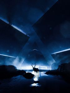 Превью обои олень, силуэт, животное, свечение, темнота, темный
