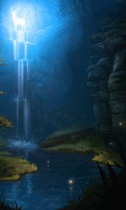Превью обои олень, водопад, свечение, арт