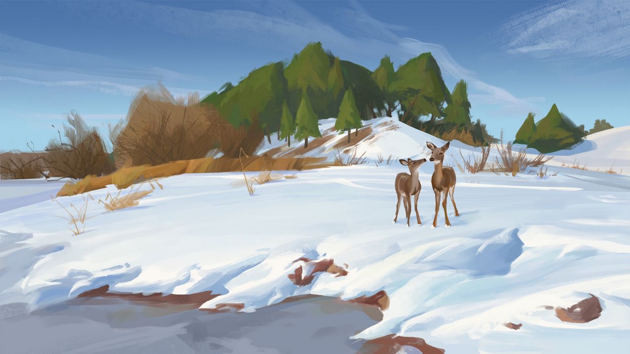 Обои олени, берег, снег, зима, дикая природа, арт
