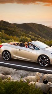 Превью обои opel cascada, авто, бараны, дорога, закат