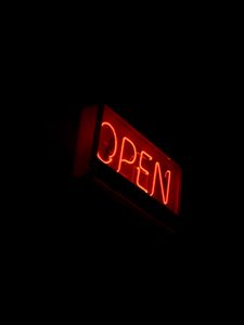 Превью обои open, открыто, неон, вывеска, темный