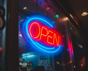 Превью обои open, открыто, вывеска, неон, свечение