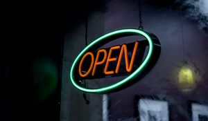 Превью обои open, вывеска, неон, текст, надпись, свечение