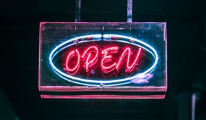 Превью обои open, вывеска, неон, текст, свечение, подсветка