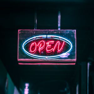 Превью обои open, вывеска, неон, текст, свечение, подсветка