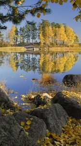 Превью обои осень, камни, деревья, листья, березы, озеро, островок, берега