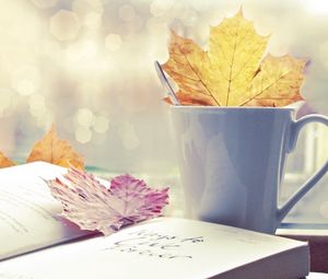 Превью обои осень, листья, книга, настроение