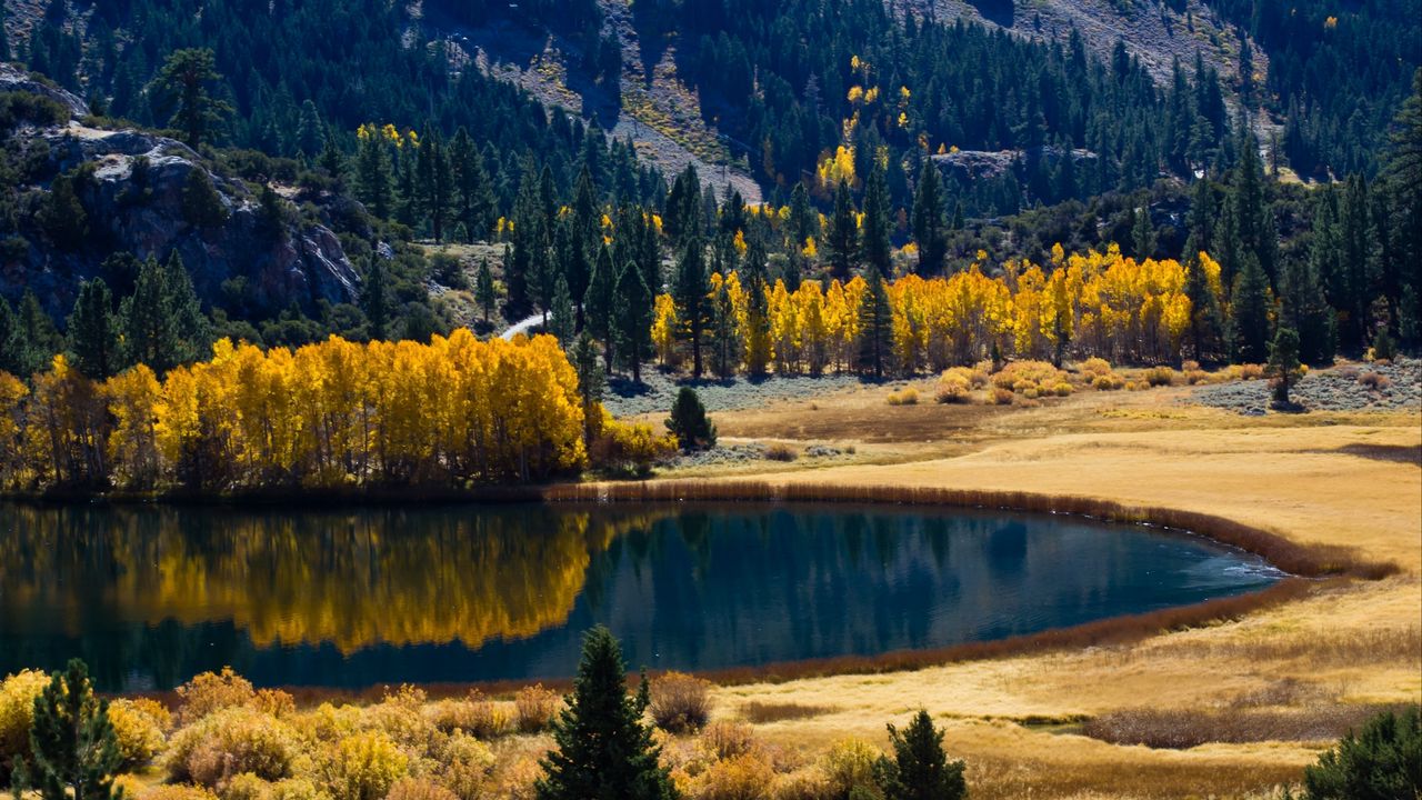 Обои осень, озеро, деревья, горы