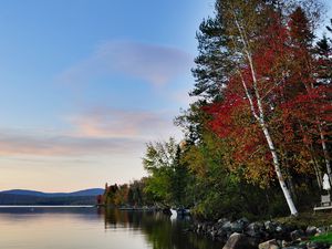 Превью обои осень, озеро, лес, камни, пейзаж