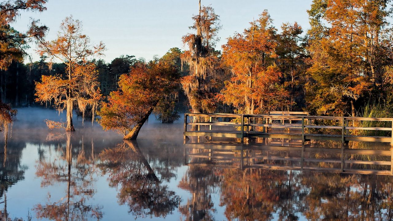 Обои осень, озеро, мост, деревья, под водой