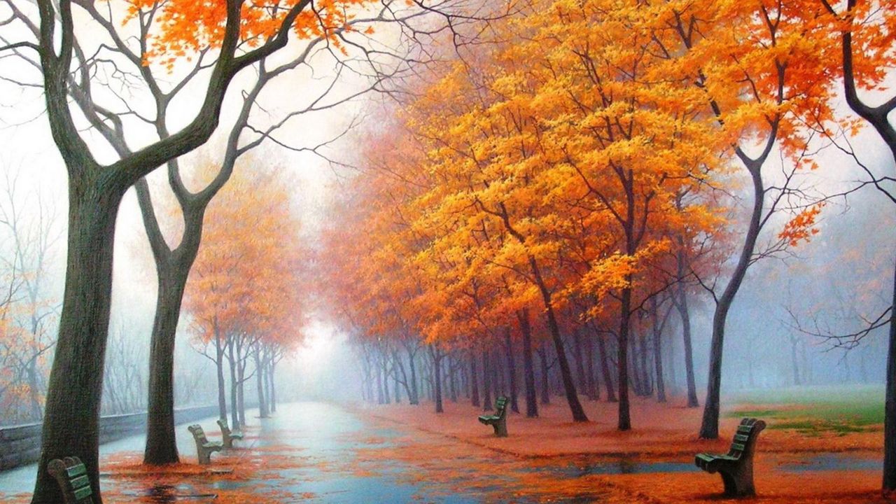 Обои осень, парк, аллея, скамейки, деревья, листопад, туман, пар, дымка, дорожка, асфальт, живопись, искусство