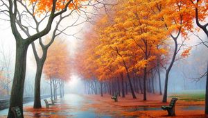 Превью обои осень, парк, аллея, скамейки, деревья, листопад, туман, пар, дымка, дорожка, асфальт, живопись, искусство