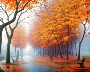 Превью обои осень, парк, аллея, скамейки, деревья, листопад, туман, пар, дымка, дорожка, асфальт, живопись, искусство