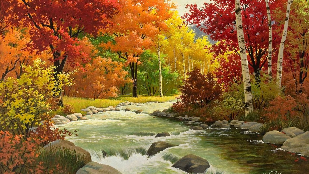 Обои осень, пейзаж, живопись, река, лес