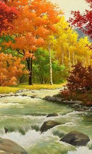 Превью обои осень, пейзаж, живопись, река, лес
