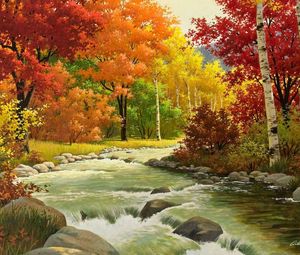 Превью обои осень, пейзаж, живопись, река, лес