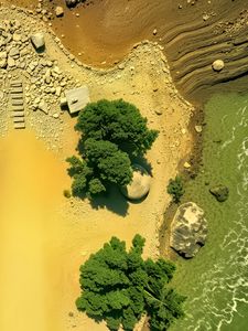 Превью обои остров, деревья, море, вид сверху, камни